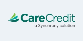 CareCredit logo with text and abstract green design,