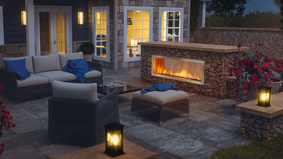 Outdoor gas fireplace and patio seating area designed for backyard entertaining and outdoor living.