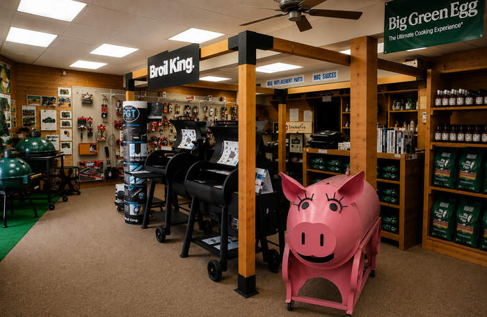 Outdoor grill and barbecue showroom featuring Big Green Egg and grilling accessories in Olympia WA