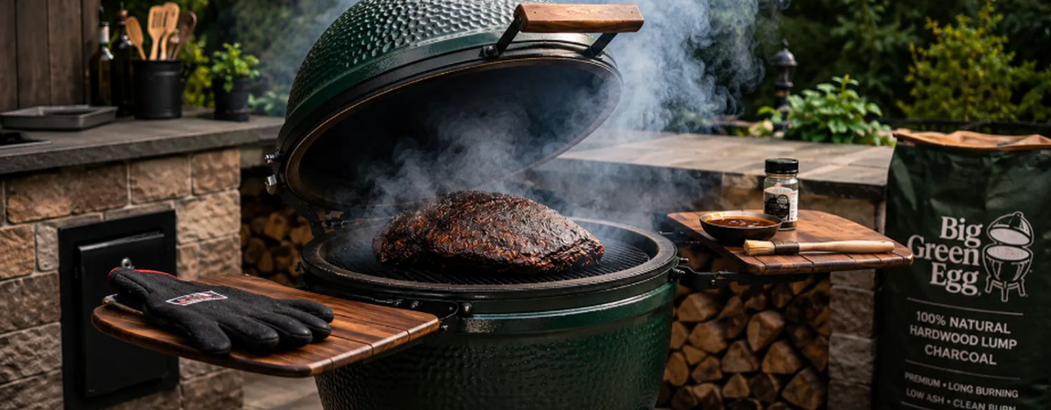 Big Green Egg kamado grill smoking brisket beside a wood prep station