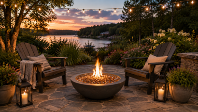 Round fire pit with Adirondack chairs and landscape lighting