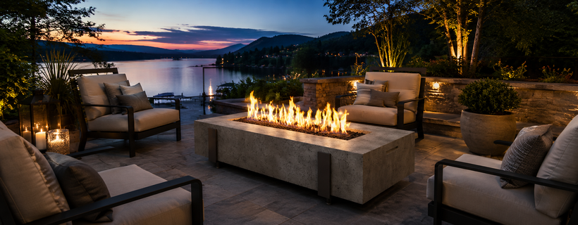 Outdoor fire table overlooking the water at sunset