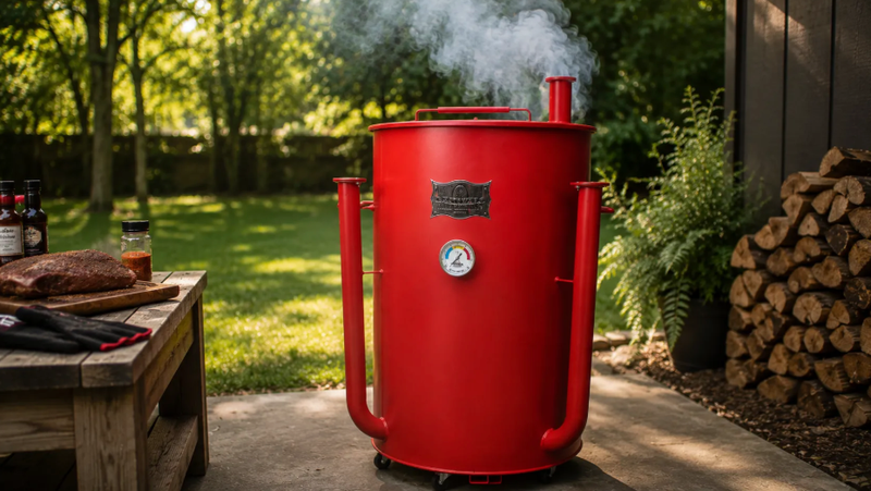 Gateway drum smoker on a backyard patio with stacked firewood