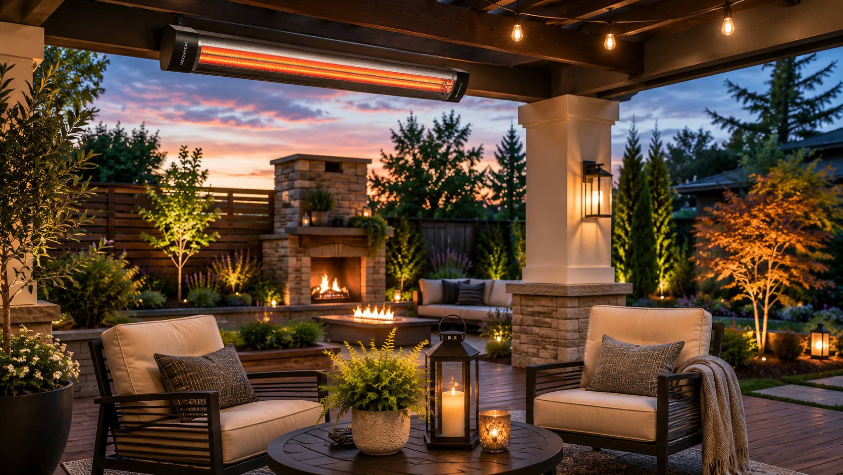 Outdoor patio heater above a seating area with landscape lighting