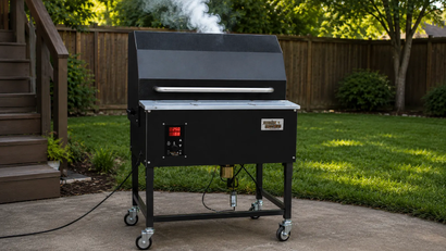 Smokin Brothers pellet smoker in a landscaped backyard setting