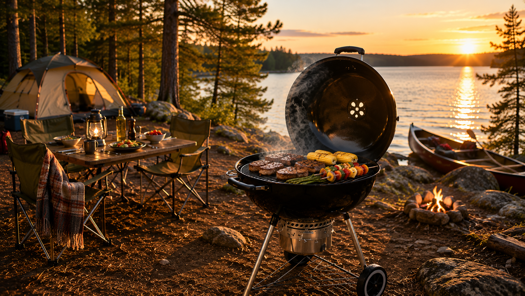 Charcoal grill cooking beside a lakeside campsite at sunset