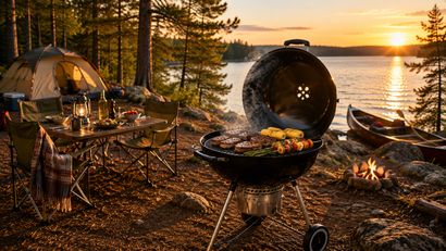 Charcoal grill cooking beside a lakeside campsite at sunset