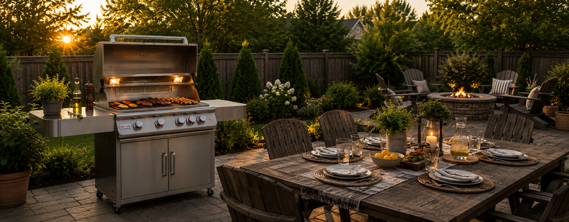 Outdoor gas grill and dining area with landscape lighting at sunset