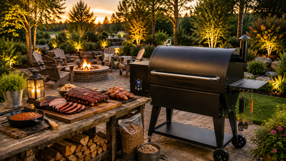 Smokin Brothers pellet grill with barbecue and landscape lighting
