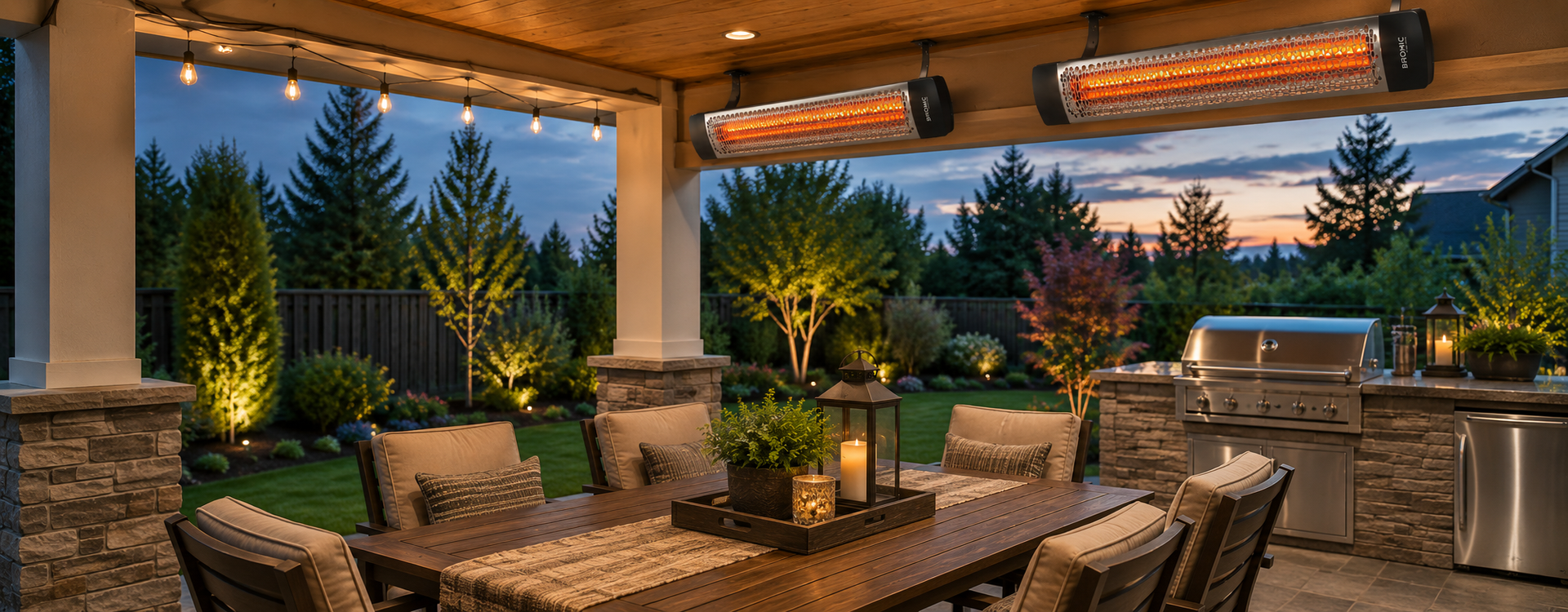 Covered patio with outdoor heaters and dining area at dusk