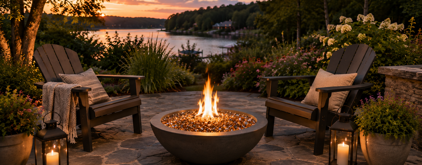 Round fire pit with Adirondack chairs and landscape lighting