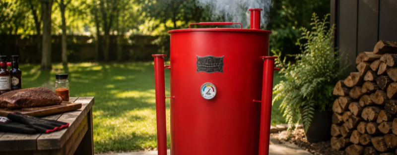 Gateway drum smoker on a backyard patio with stacked firewood