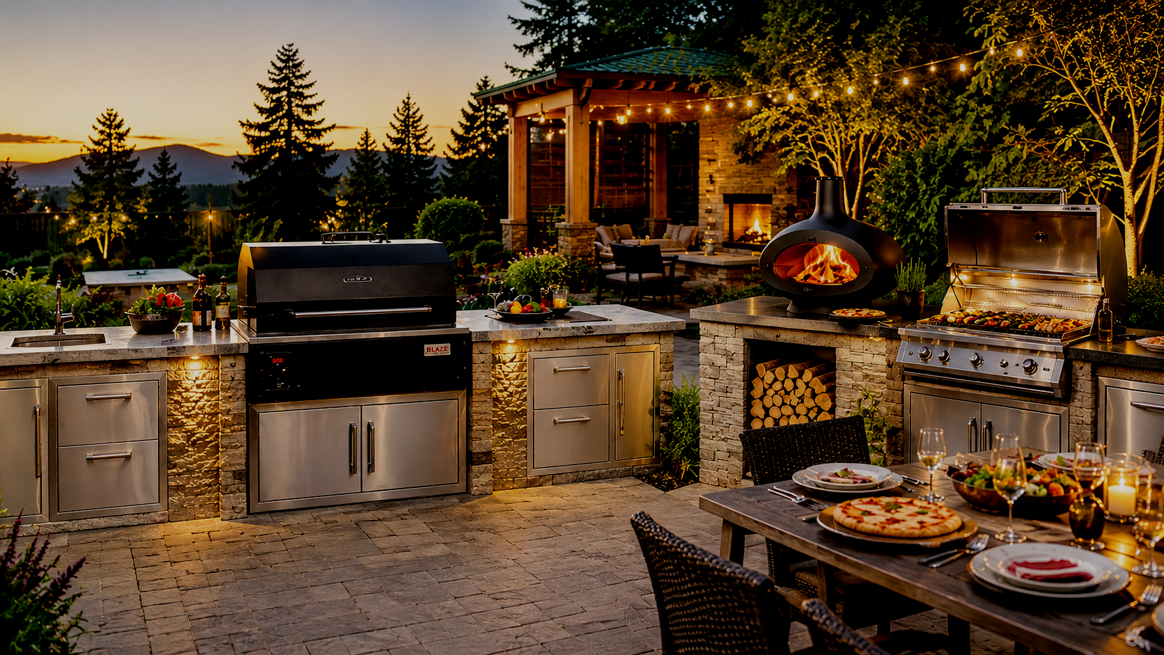 Outdoor kitchen with pergola, built-in grill, and evening lighting