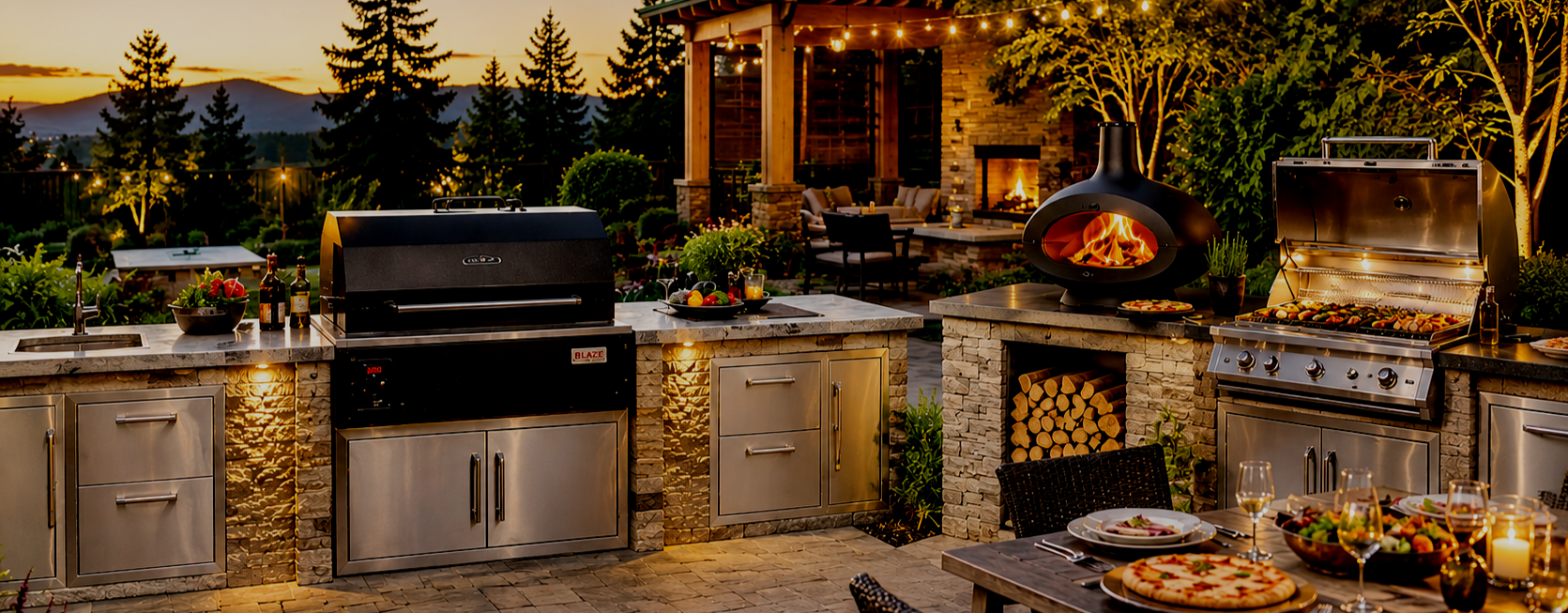 Outdoor kitchen with pergola, built-in grill, and evening lighting