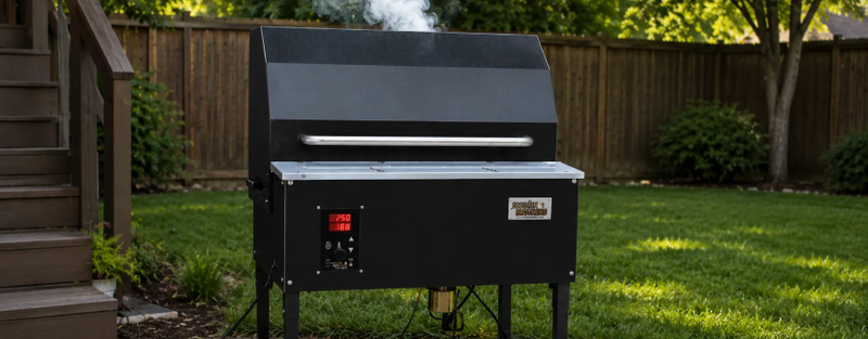 Smokin Brothers pellet smoker in a landscaped backyard setting