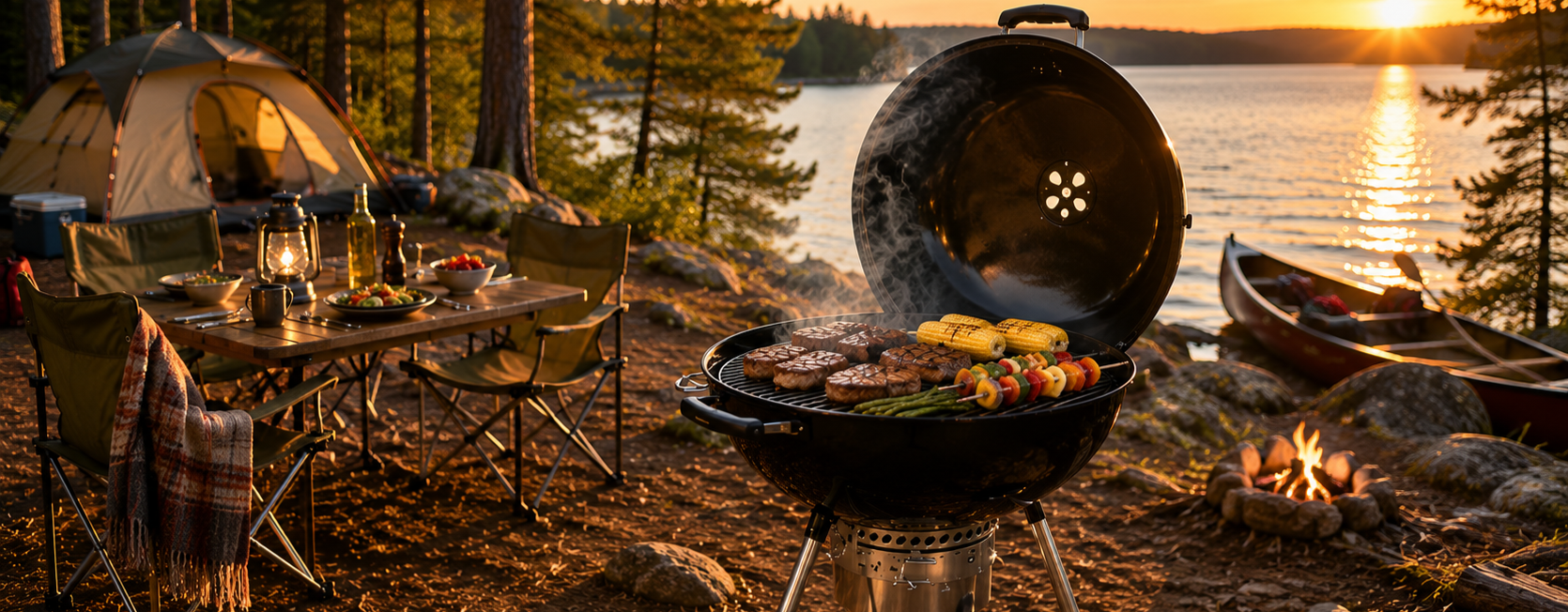 Charcoal grill cooking beside a lakeside campsite at sunset