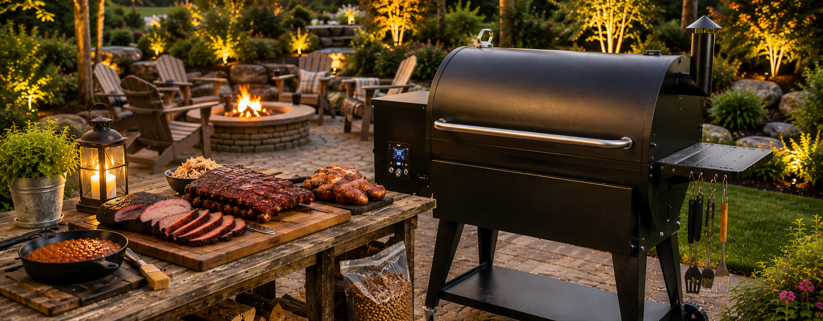 Smokin Brothers pellet grill with barbecue and landscape lighting