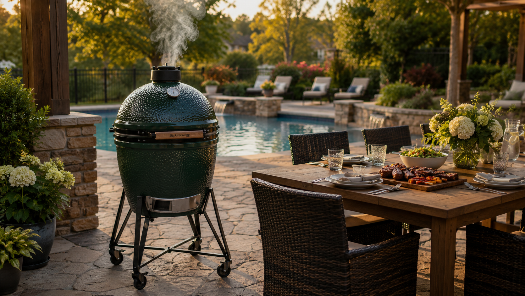 Kamado charcoal grill on outdoor patio with ceramic cooking setup and backyard seating area