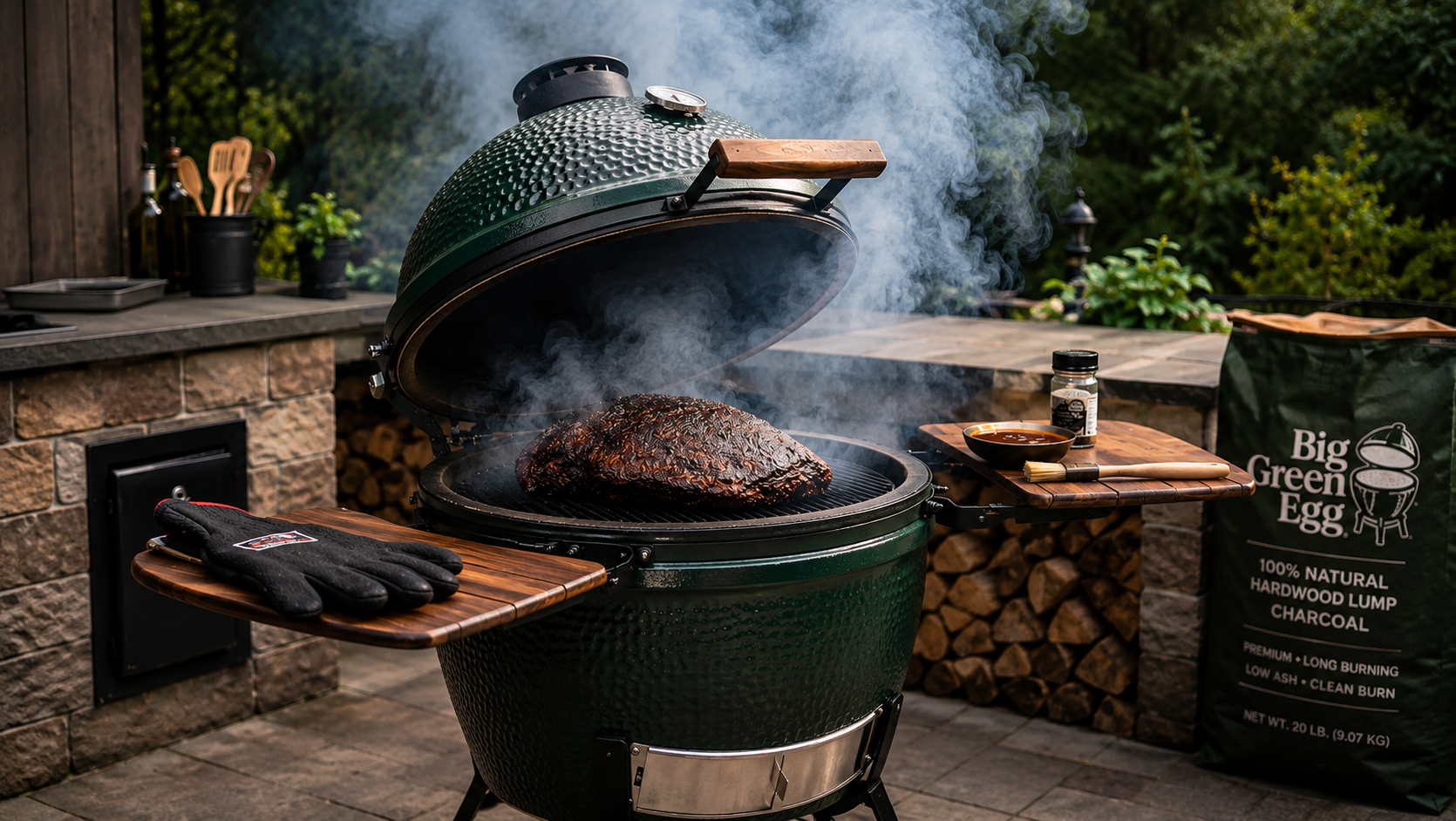 Big Green Egg ceramic kamado grill for smoking, grilling, and wood-fired cooking outdoors
