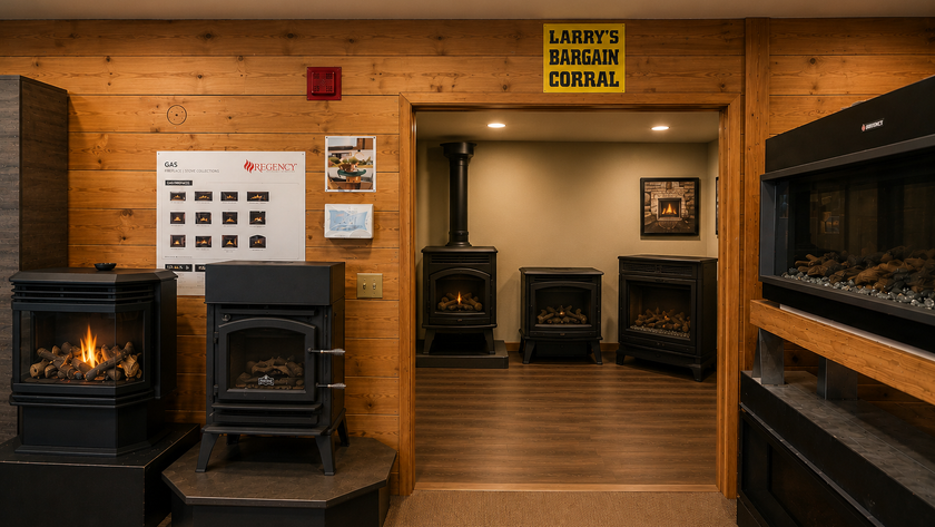 Discount fireplace and stove showroom models inside Larry’s Bargain Corral in Olympia WA