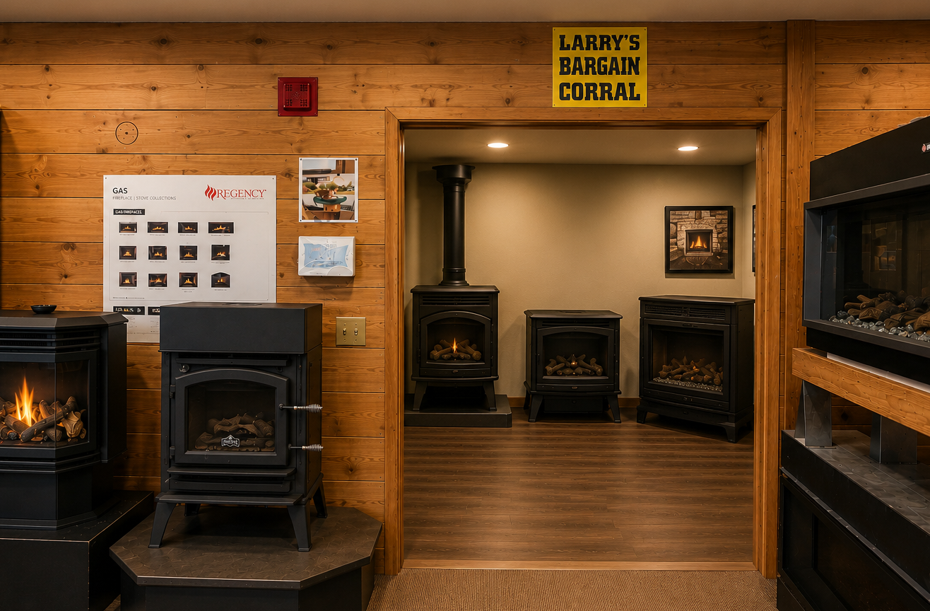 Discount fireplace and stove showroom models inside Larry’s Bargain Corral in Olympia WA