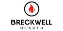 Logo for Breckwell Hearth. A stylized flame within a black circle above the word