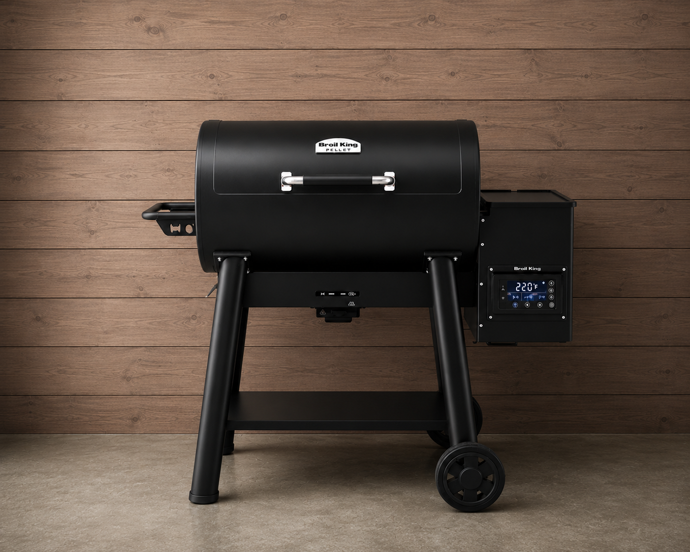 Broil King Crown 500 pellet grill and smoker with front shelf, digital controls, and black finish