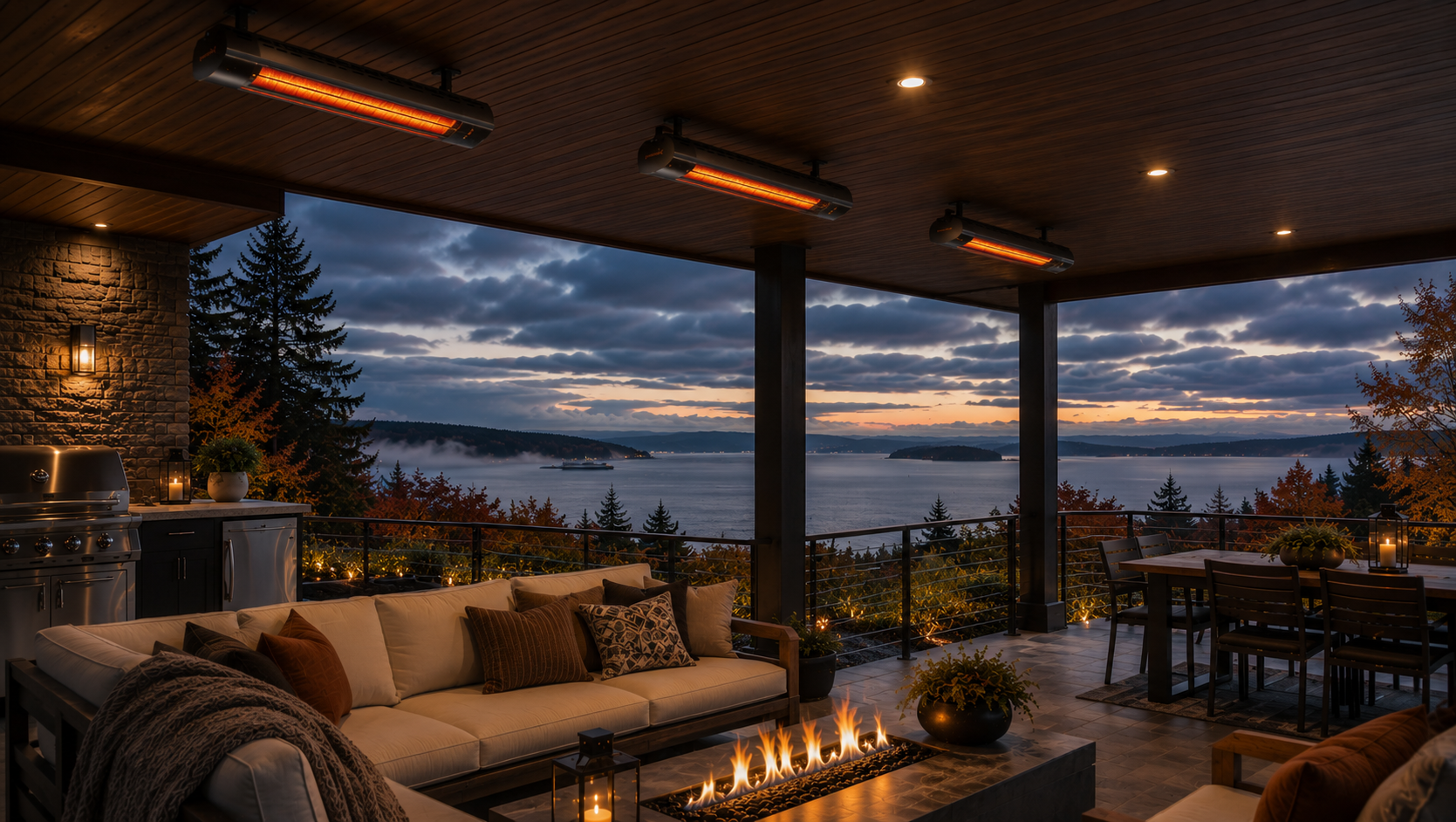 Covered patio with overhead infrared heaters and water views during a cool evening