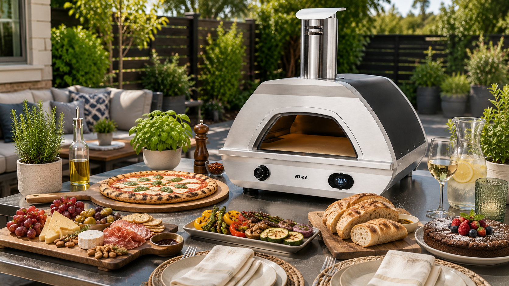 Outdoor entertaining setup featuring a Bull dual fuel pizza oven and shared appetizers