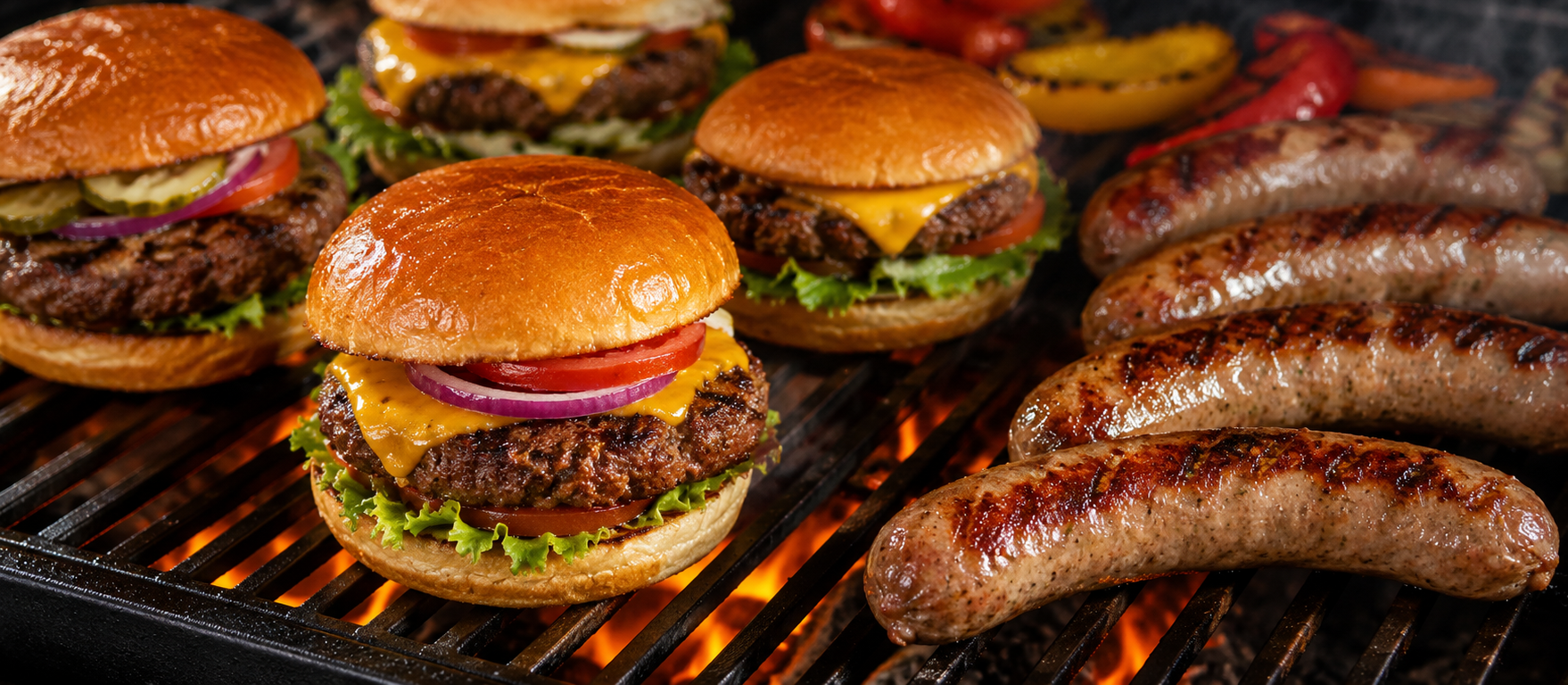 Smoked bratwursts and grilled burgers cooking over wood-fired heat on a pellet grill