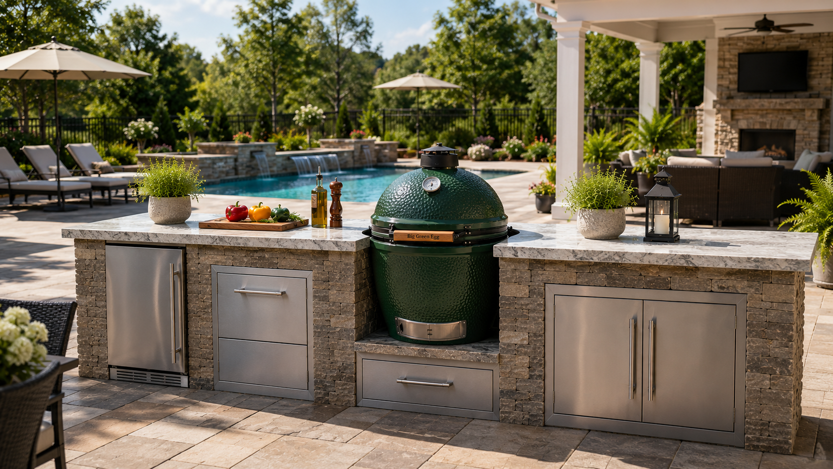 Backyard cooking space with a kamado grill and outdoor kitchen island near a pool