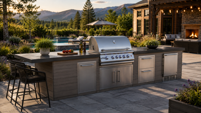 Outdoor kitchen with stainless steel grill overlooking the water