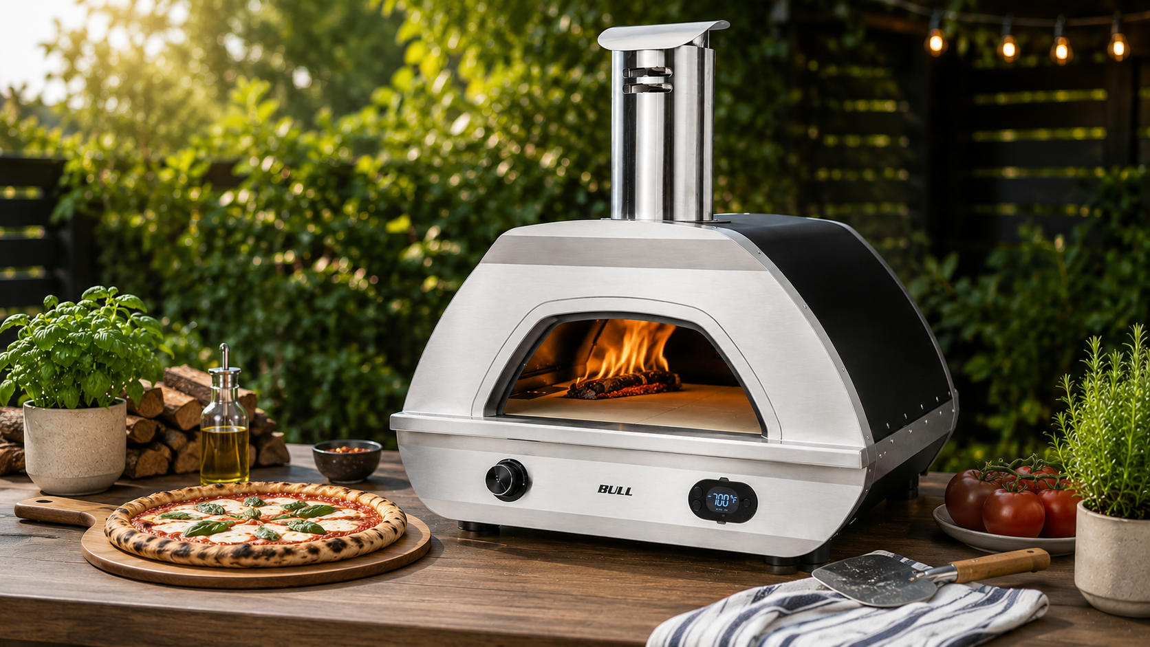 Bull wood fired pizza oven with fresh ingredients and artisan pizza on a patio