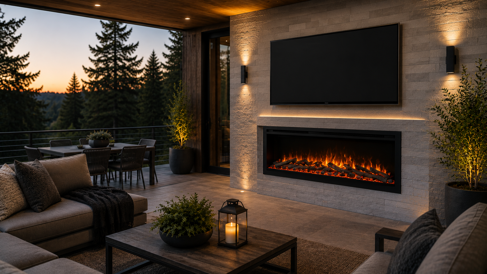 Modern electric outdoor fireplace with TV wall and covered patio overlooking a wooded landscape