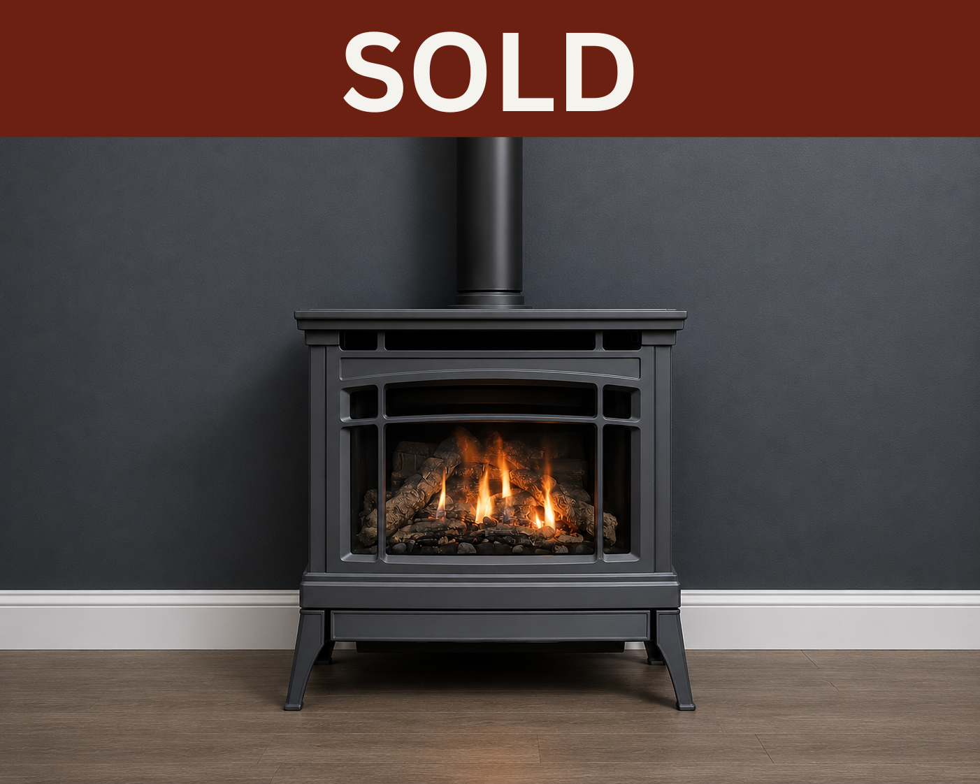 Enviro Westley cast iron gas stove with traditional styling and glowing flames