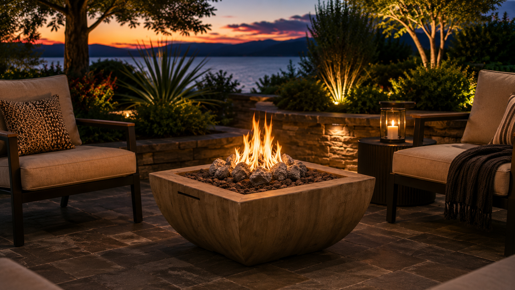Decorative outdoor fire bowl adding warmth and ambiance to a backyard patio in Olympia, WA