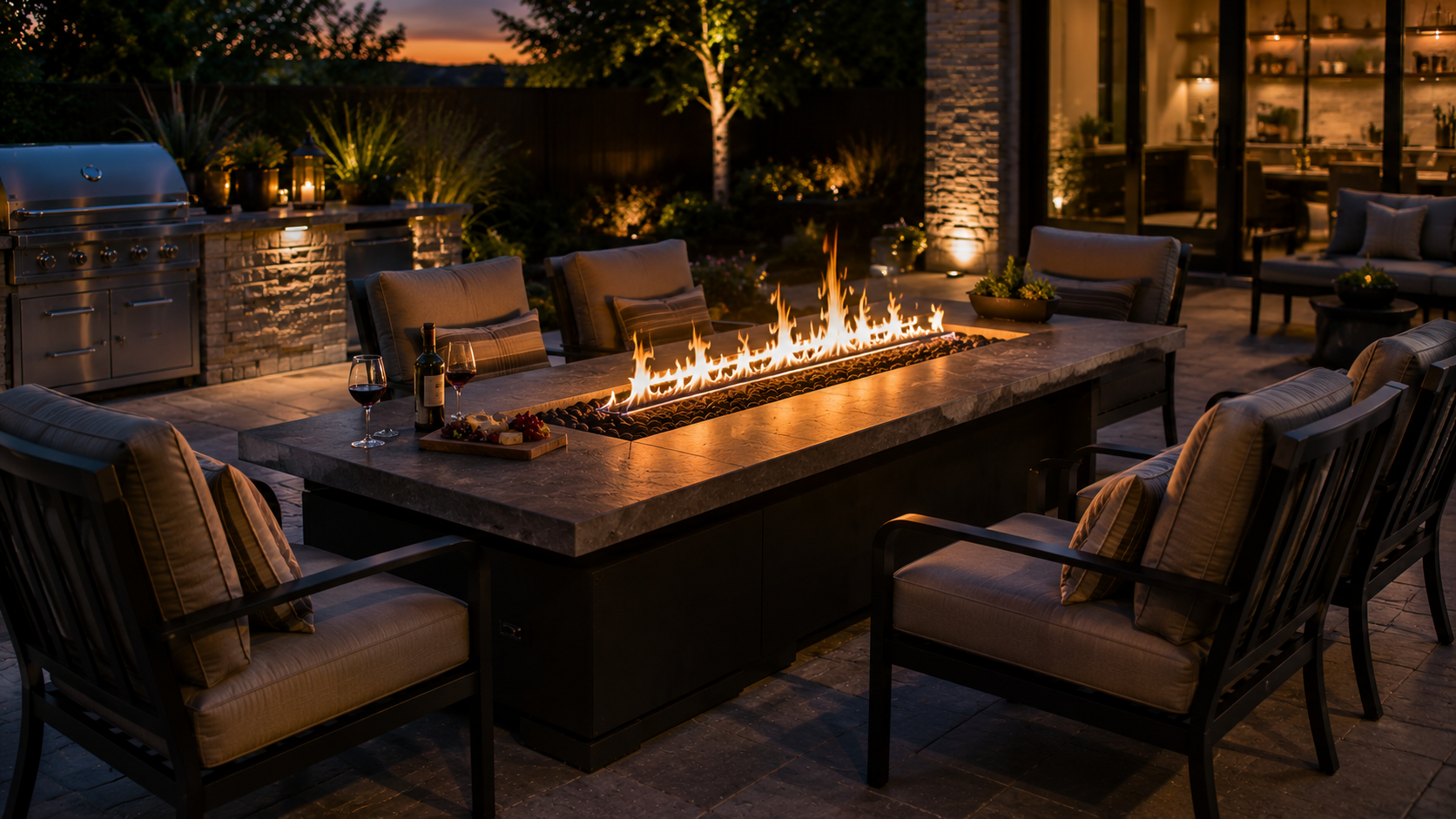 Modern outdoor fire table with built-in seating and entertaining space in Olympia, WA