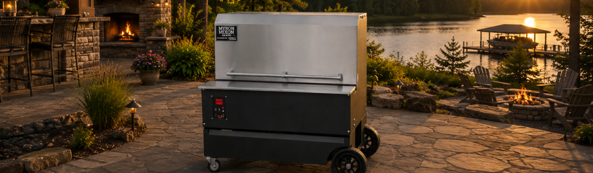 Myron Mixon commercial pellet smoker in outdoor kitchen setting