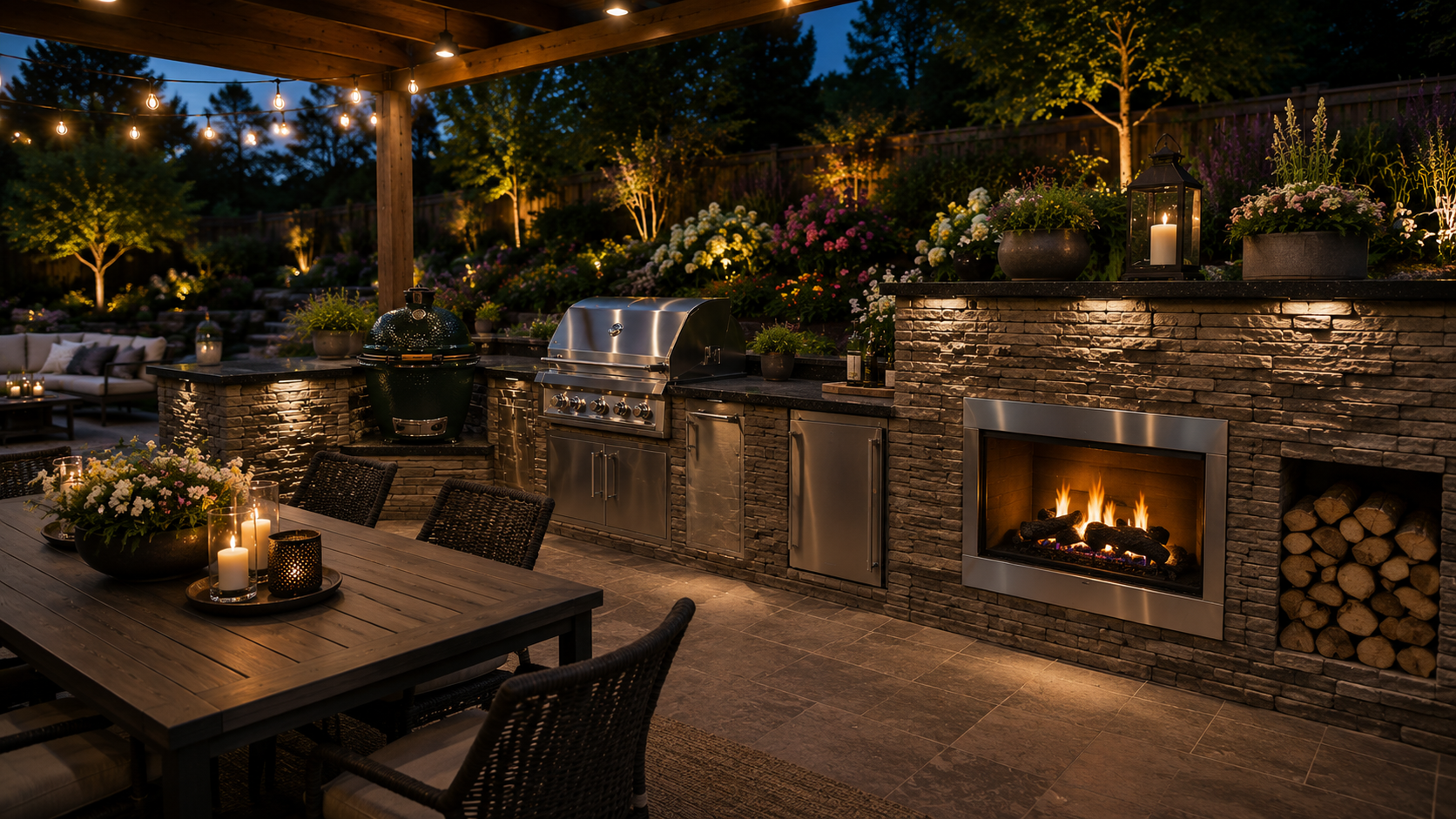 Outdoor kitchen with built-in grill, Big Green Egg, fireplace, and landscaped backyard entertaining area