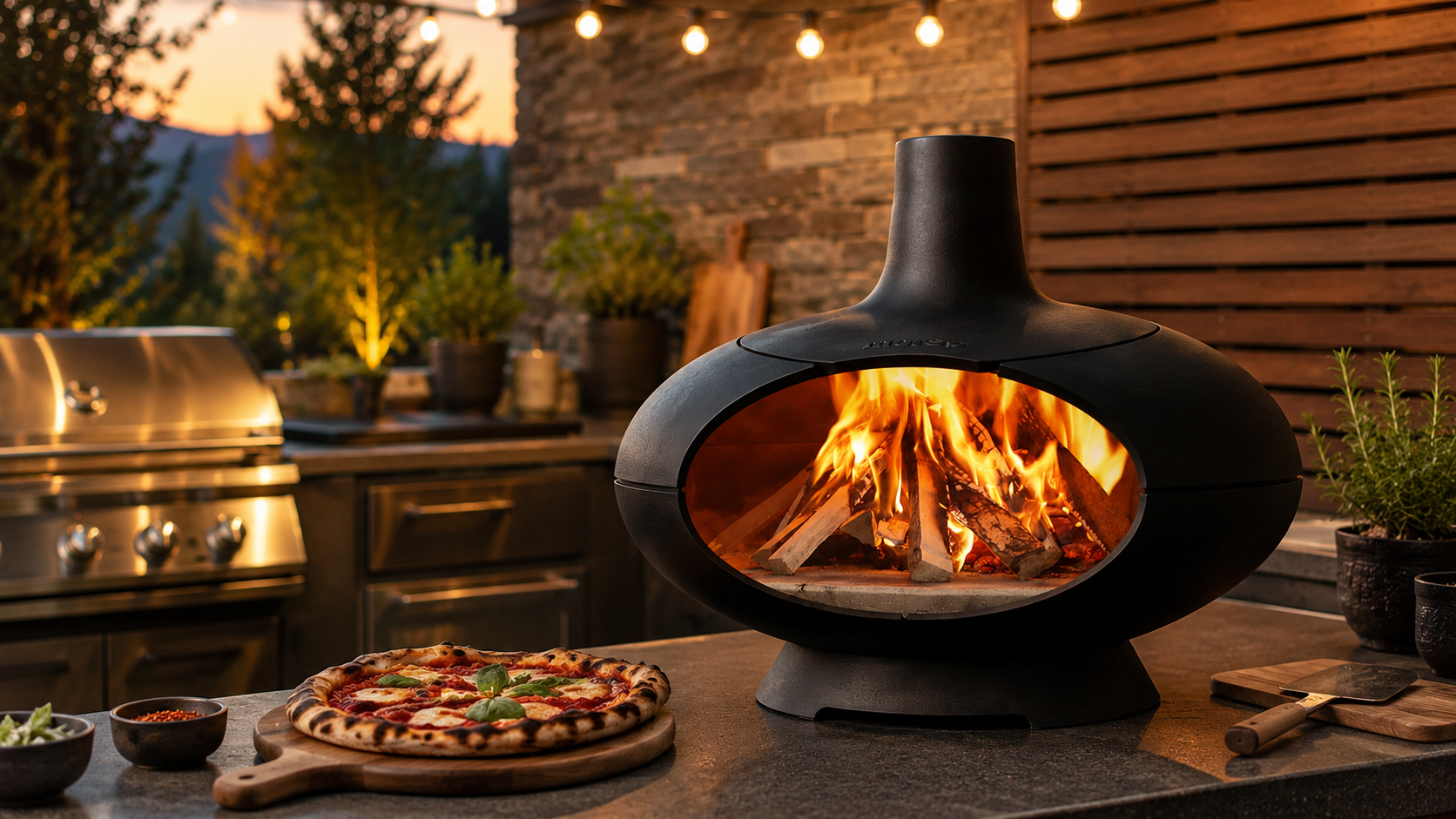 Wood-fired outdoor pizza oven creating a cozy setting for backyard cooking and entertaining