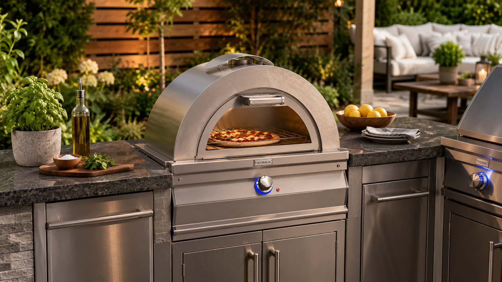 Stainless steel pizza oven integrated into a custom outdoor kitchen island