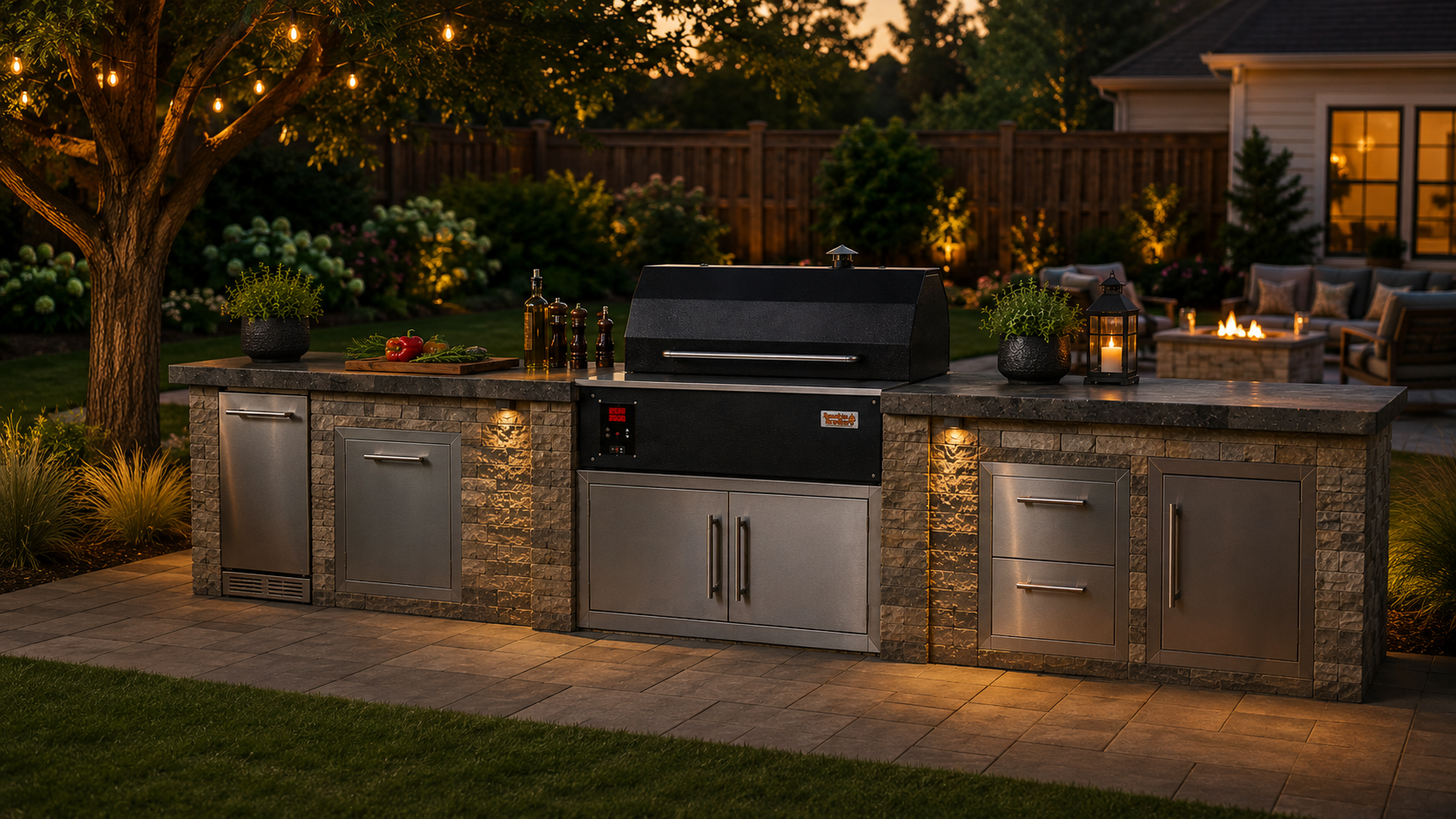 Outdoor kitchen with pellet grill and built-in appliances designed for year-round cooking