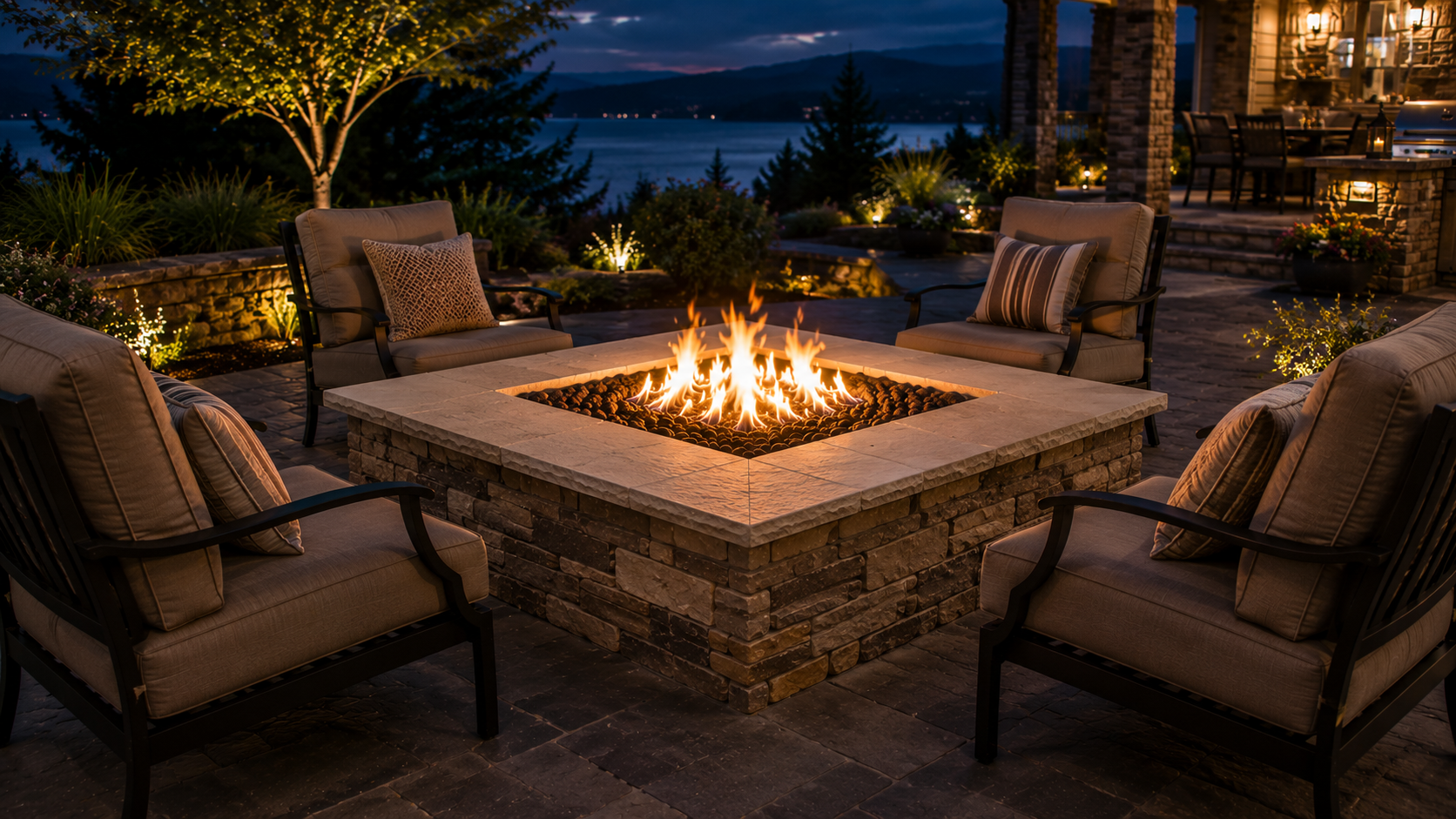 Square outdoor fire pit with seating area and ambient landscape lighting in Olympia, WA
