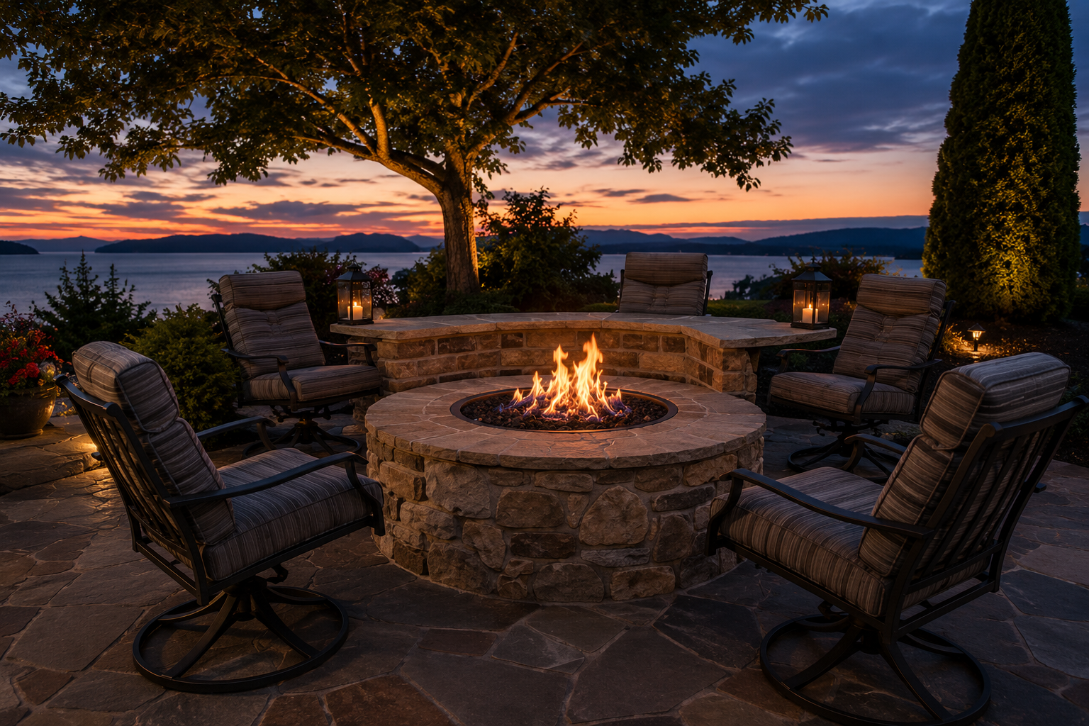 Stone fire pit surrounded by patio chairs overlooking the water at sunset in Olympia, WA