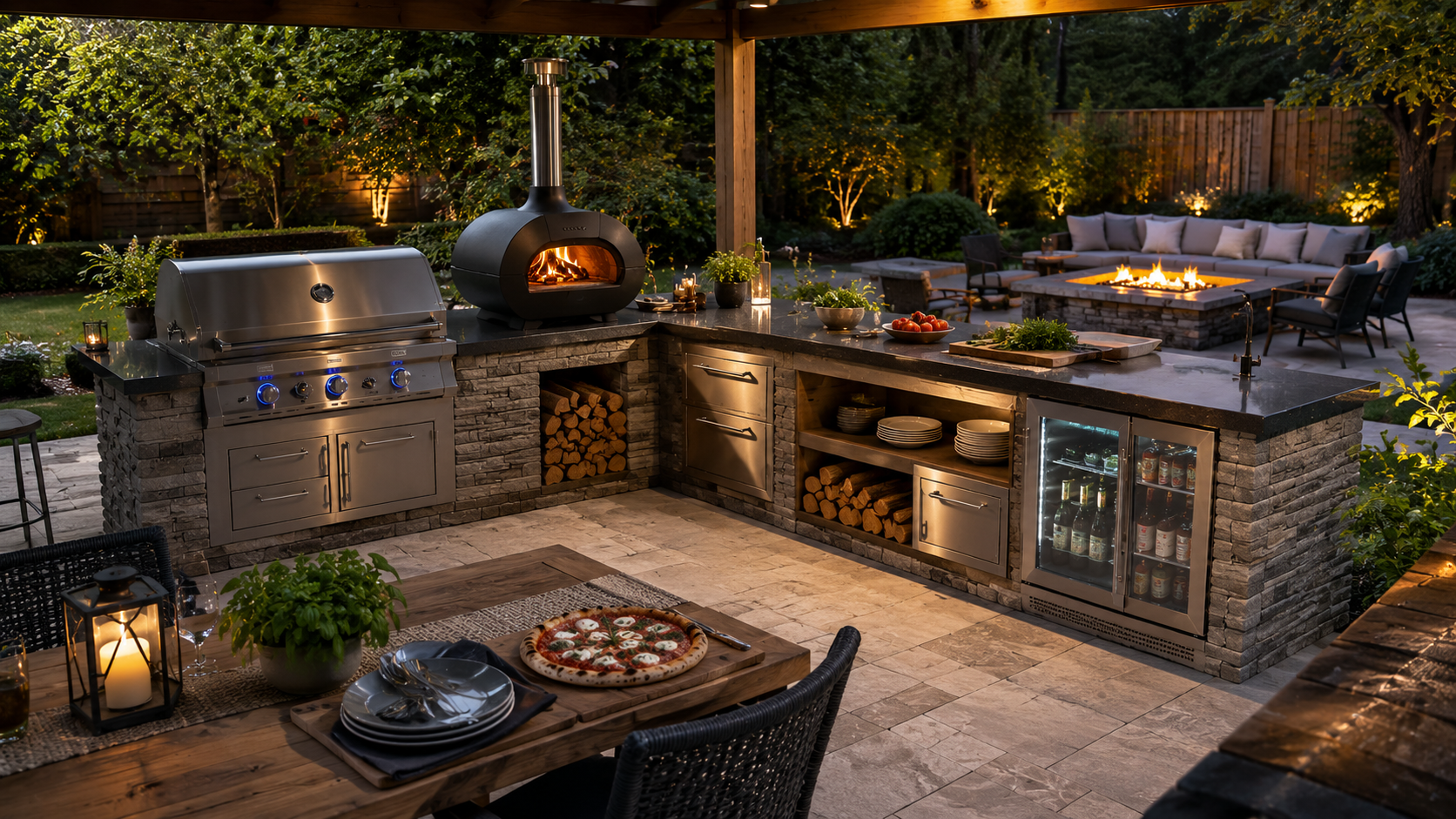 Outdoor kitchen with pizza oven and grill designed for backyard cooking and entertaining
