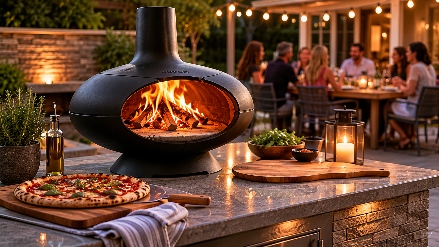Compact pizza oven beside an outdoor dining area for casual patio pizza nights