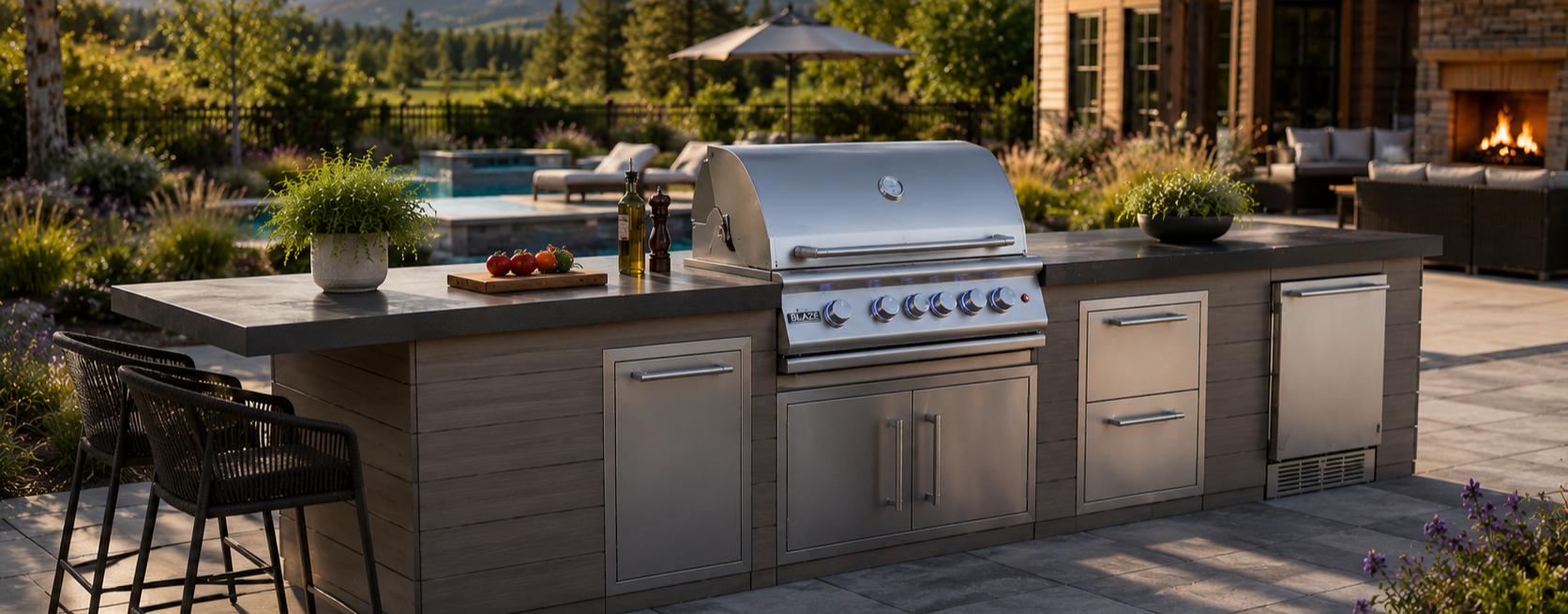 Outdoor kitchen with stainless steel grill overlooking the water