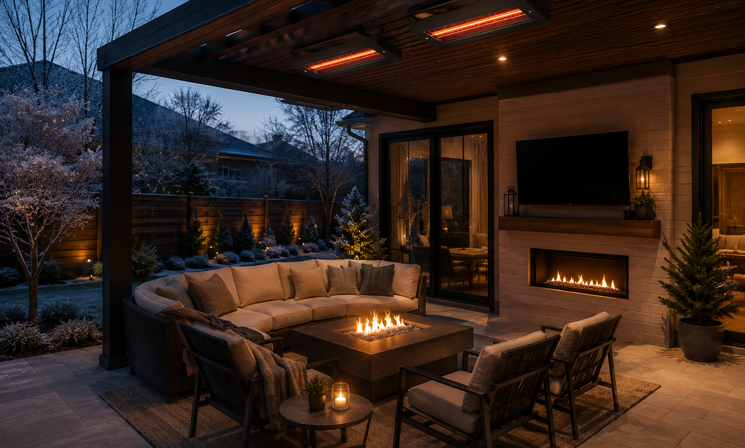 Covered outdoor living space with ceiling-mounted patio heaters and fireplace overlooking Puget Sound