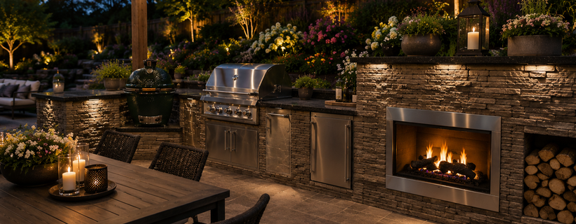 Luxury outdoor kitchen with built-in grill and stone fireplace
