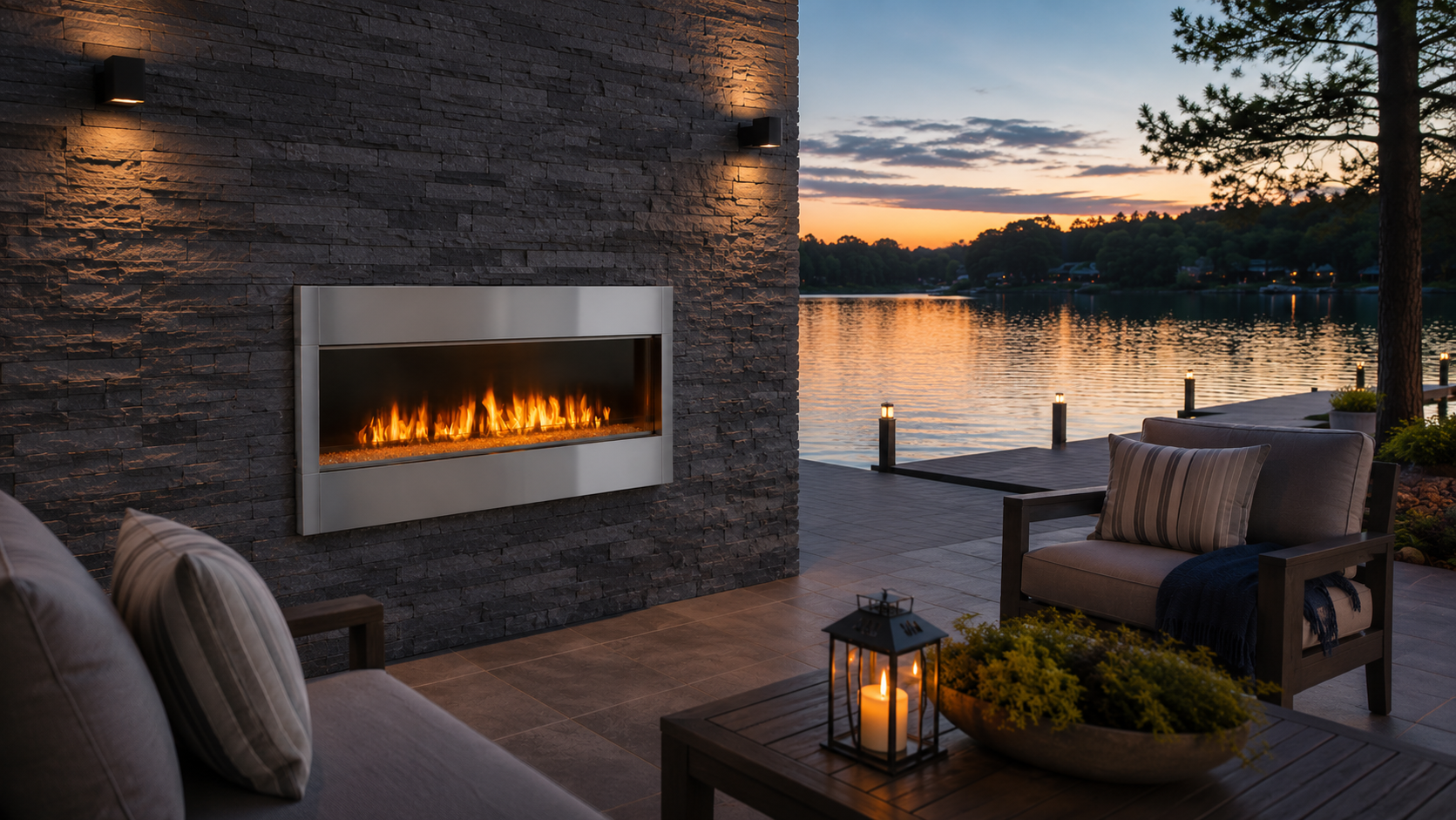 Gas outdoor fireplace overlooking the water with covered patio seating and warm evening ambiance